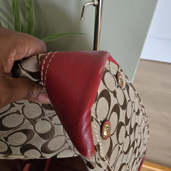 Coach Maroon Leather trim Monogram Shoulder Tote Bag - Picture 10 of 15